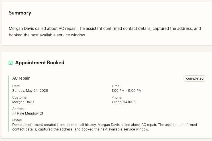Actual FoxTrove Voice call detail with a sample customer request summary and linked appointment.